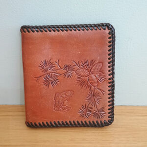 Vintage Hand Tooled Brown Leather Wallet Fish Wolf Pine Whip Stitched Western